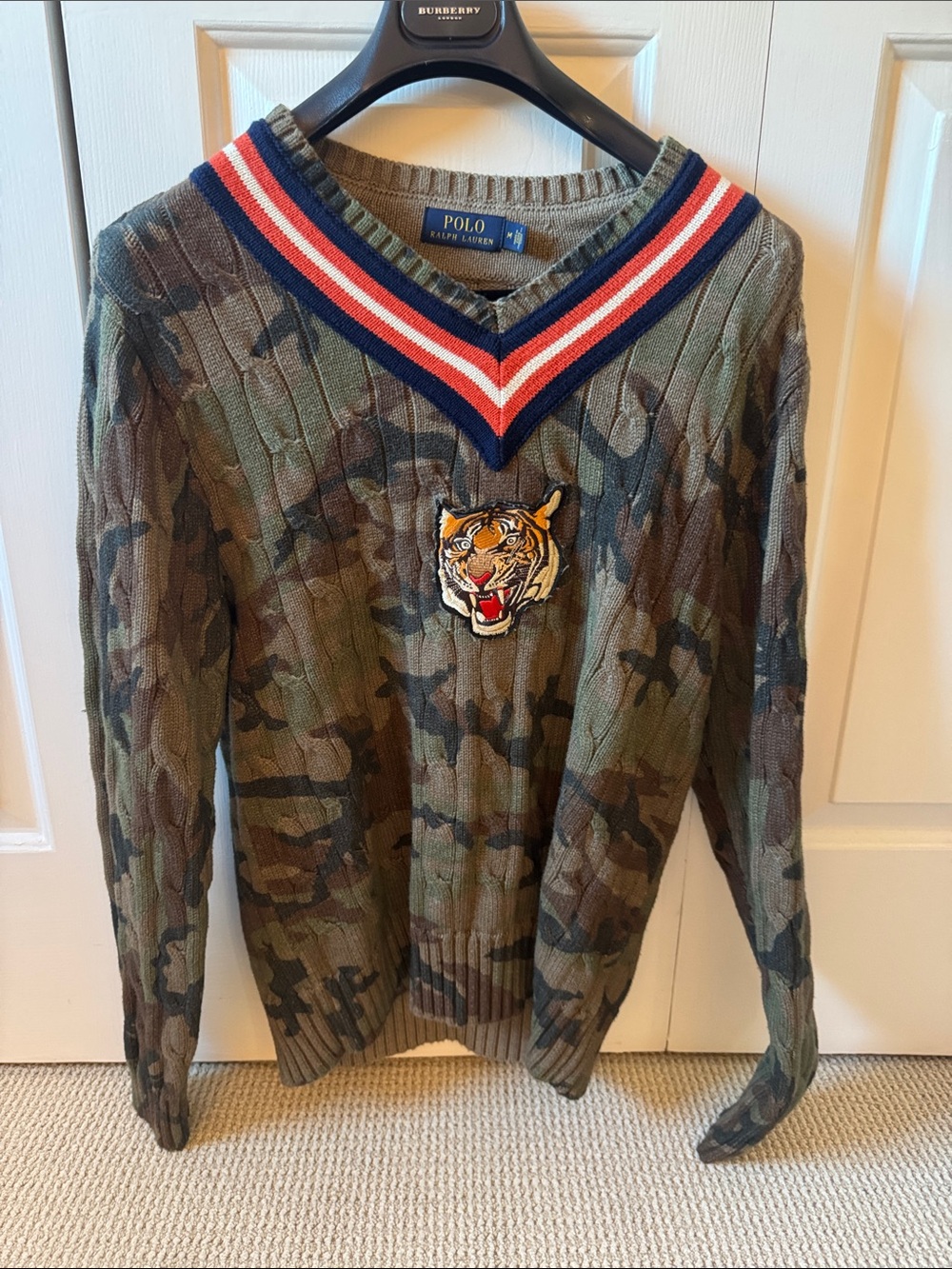 Polo by Ralph Lauren Olive Camo V-Neck Sweater with Tiger Patch and Striped Trim